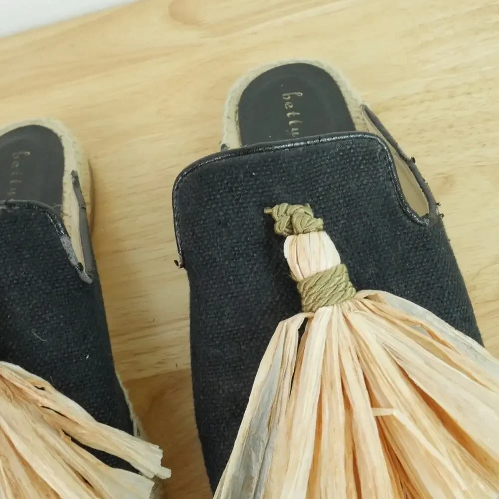 Bettye Muller Mules Espadrille Sandals Rabat Tassel Beach Resort 38 8 Black - Picture 5 of 11